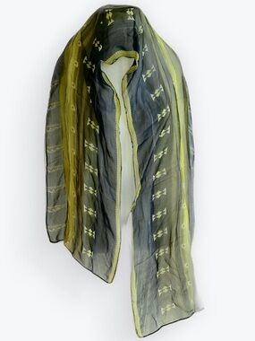 Chico’s Silk Oblong Scarf Artsy Boho Royal Blue & Lime Green Colorblock Designs